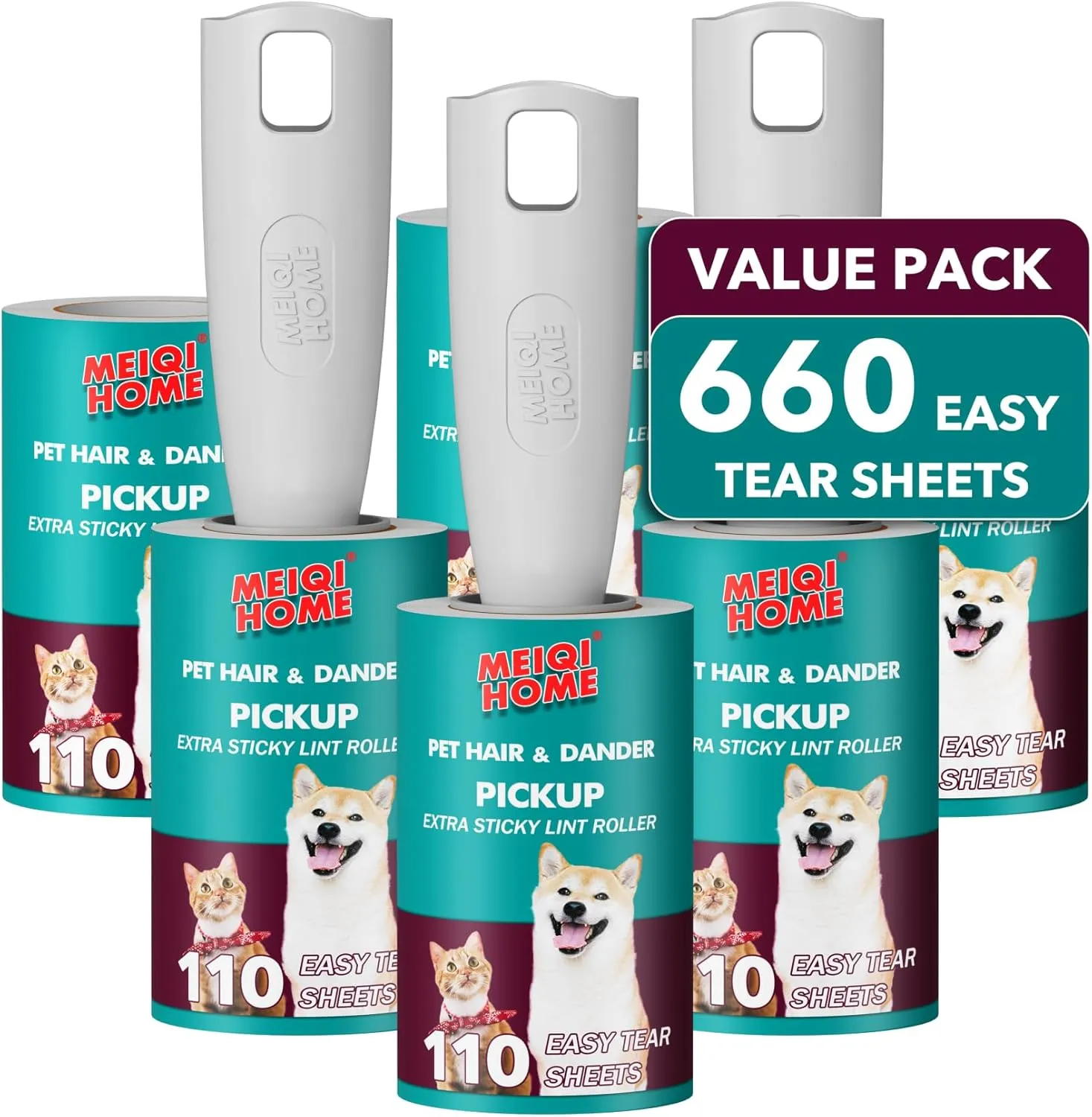MEIQIHOME Lint Rollers for Pet Hair Extra Sticky, 660 Sheets Value Set Lint Roller with 3 Upgraded Handles, 6 Rollers Portable Pet Lint Remover for Clothes, Furniture, Carpet, Dog & Cat Hair Removal