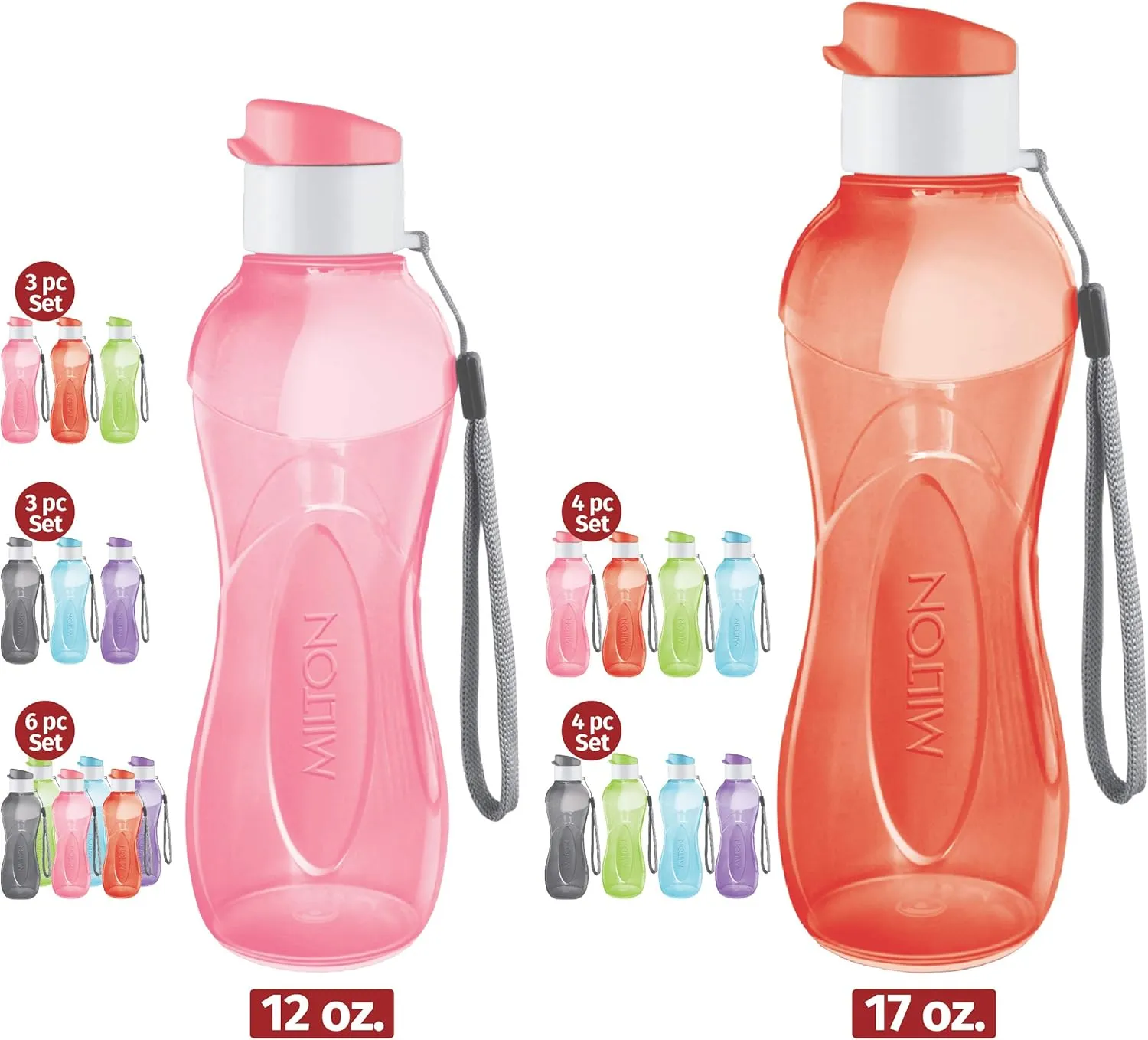 MILTON Water Bottle Kids Reusable Leakproof 12 Oz Plastic Wide Mouth Large Big Drink Bottle BPA & Leak Free with Handle Strap Carrier for Cycling Camping Hiking Gym Yoga
