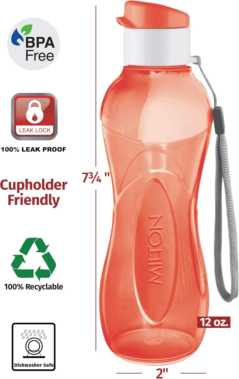 MILTON Water Bottle Kids Reusable Leakproof 12 Oz Plastic Wide Mouth Large Big Drink Bottle BPA & Leak Free with Handle Strap Carrier for Cycling Camping Hiking Gym Yoga