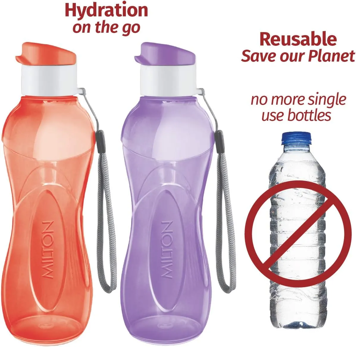 MILTON Water Bottle Kids Reusable Leakproof 12 Oz Plastic Wide Mouth Large Big Drink Bottle BPA & Leak Free with Handle Strap Carrier for Cycling Camping Hiking Gym Yoga