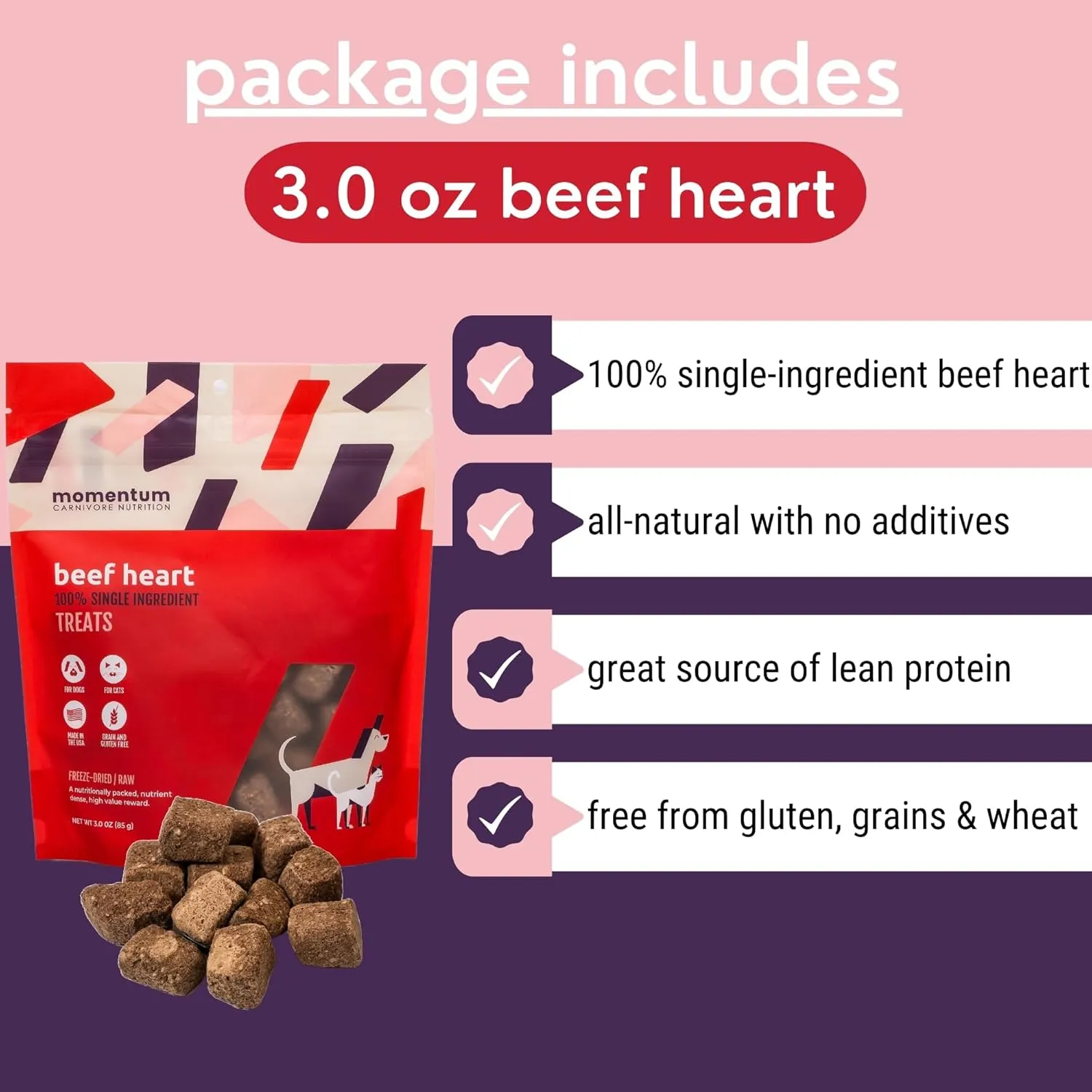 Momentum Carnivore Nutrition Freeze-Dried Beef Heart Dog Treats  Single-Ingredient, Dog & Cat Treats  High-Protein, Grain-Free 3 oz Pack