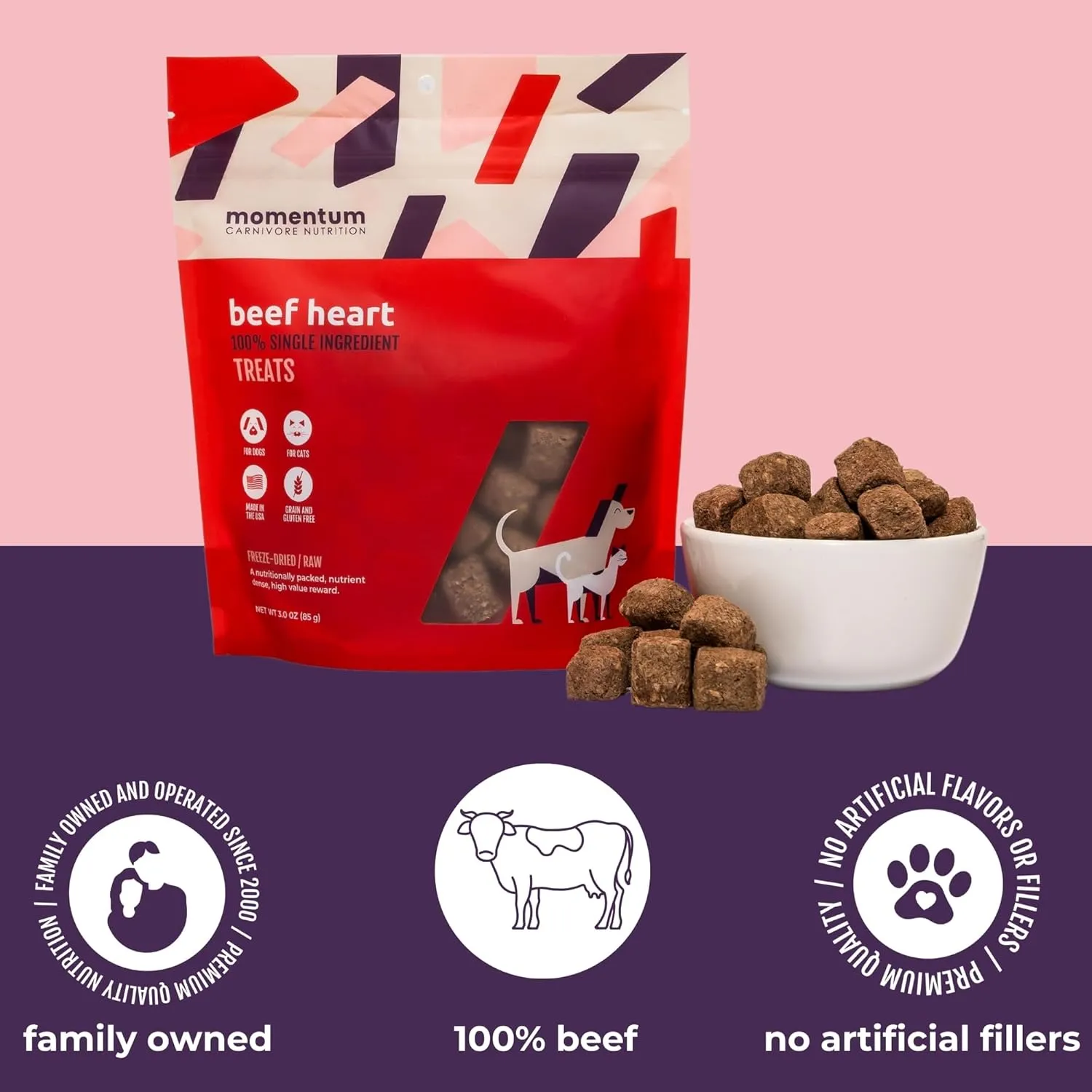 Momentum Carnivore Nutrition Freeze-Dried Beef Heart Dog Treats  Single-Ingredient, Dog & Cat Treats  High-Protein, Grain-Free 3 oz Pack