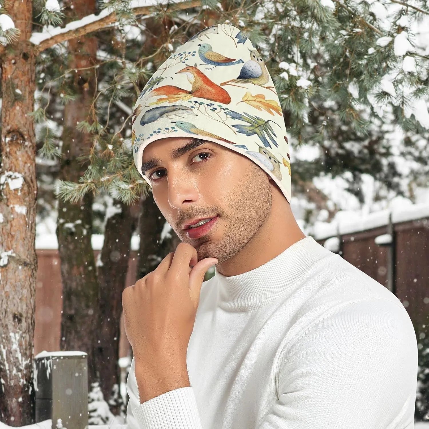 Naanle Owl Hedgehog Fox Women's Beanie Hat Stretch Slouchy Warm Knit Winter Hats Skully White Beanie Women Ski Beanies Cap