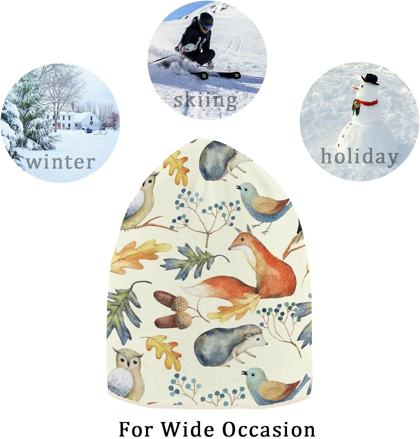 Naanle Owl Hedgehog Fox Women's Beanie Hat Stretch Slouchy Warm Knit Winter Hats Skully White Beanie Women Ski Beanies Cap
