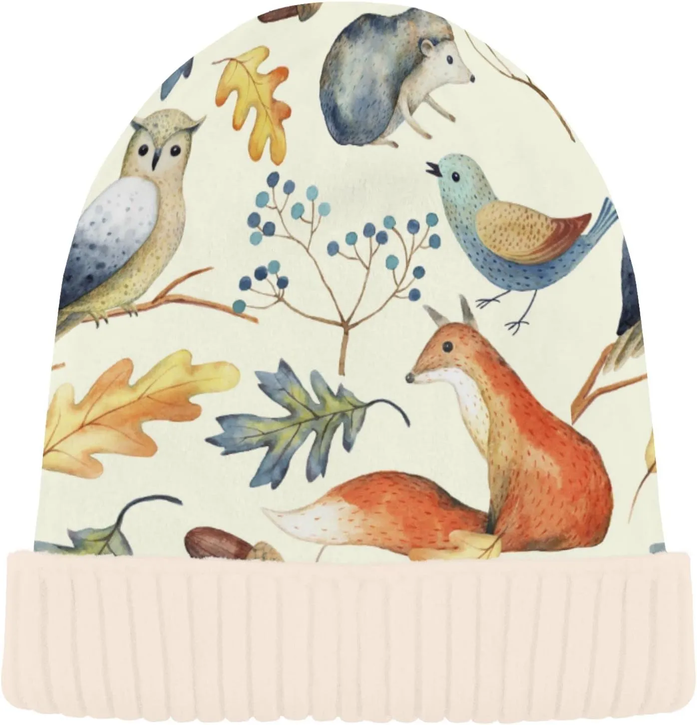 Naanle Owl Hedgehog Fox Women's Beanie Hat Stretch Slouchy Warm Knit Winter Hats Skully White Beanie Women Ski Beanies Cap