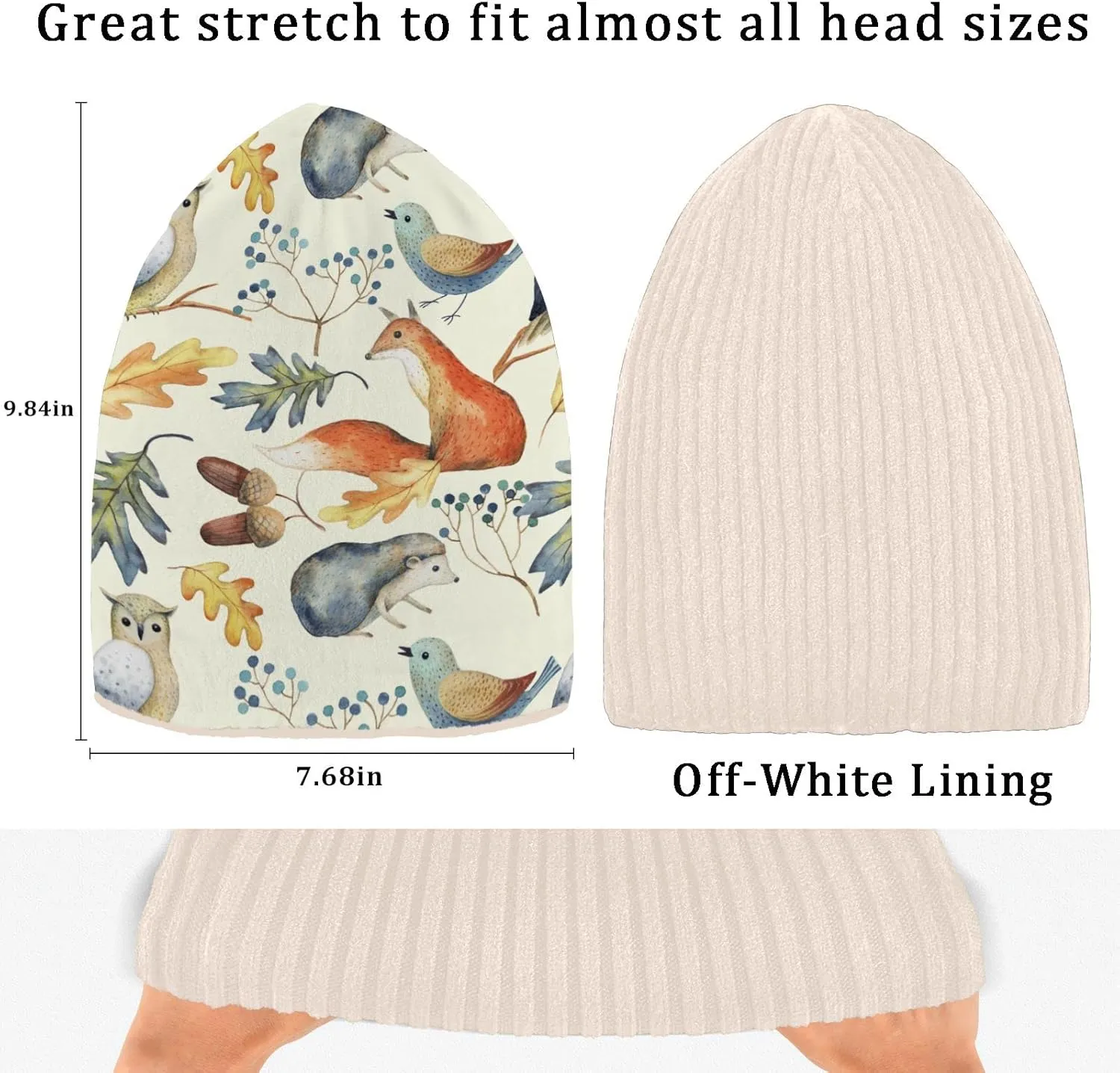 Naanle Owl Hedgehog Fox Women's Beanie Hat Stretch Slouchy Warm Knit Winter Hats Skully White Beanie Women Ski Beanies Cap