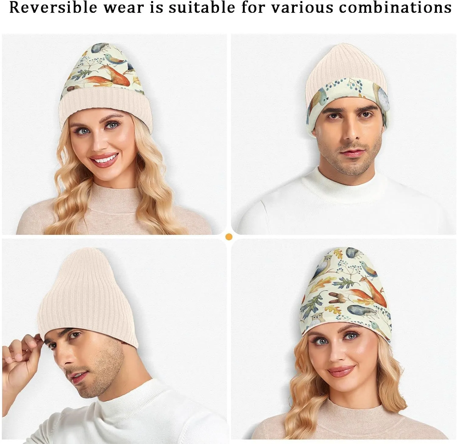 Naanle Owl Hedgehog Fox Women's Beanie Hat Stretch Slouchy Warm Knit Winter Hats Skully White Beanie Women Ski Beanies Cap