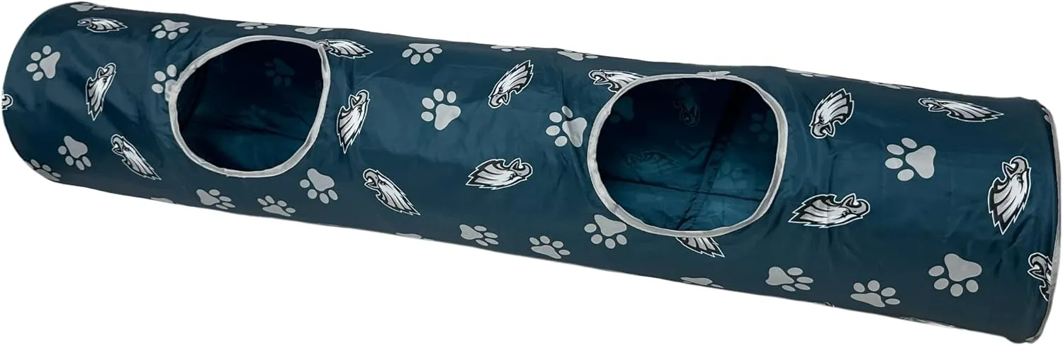 NFL Philadelphia Eagles Cat Tunnel Tube Toy with Plush Football Catnip and Feathers Collapsible Tunnel for Cats to Play, Peek and Hide, Sporty & Fun Cat Tunnel Toy with Team Logo All-Over Design!