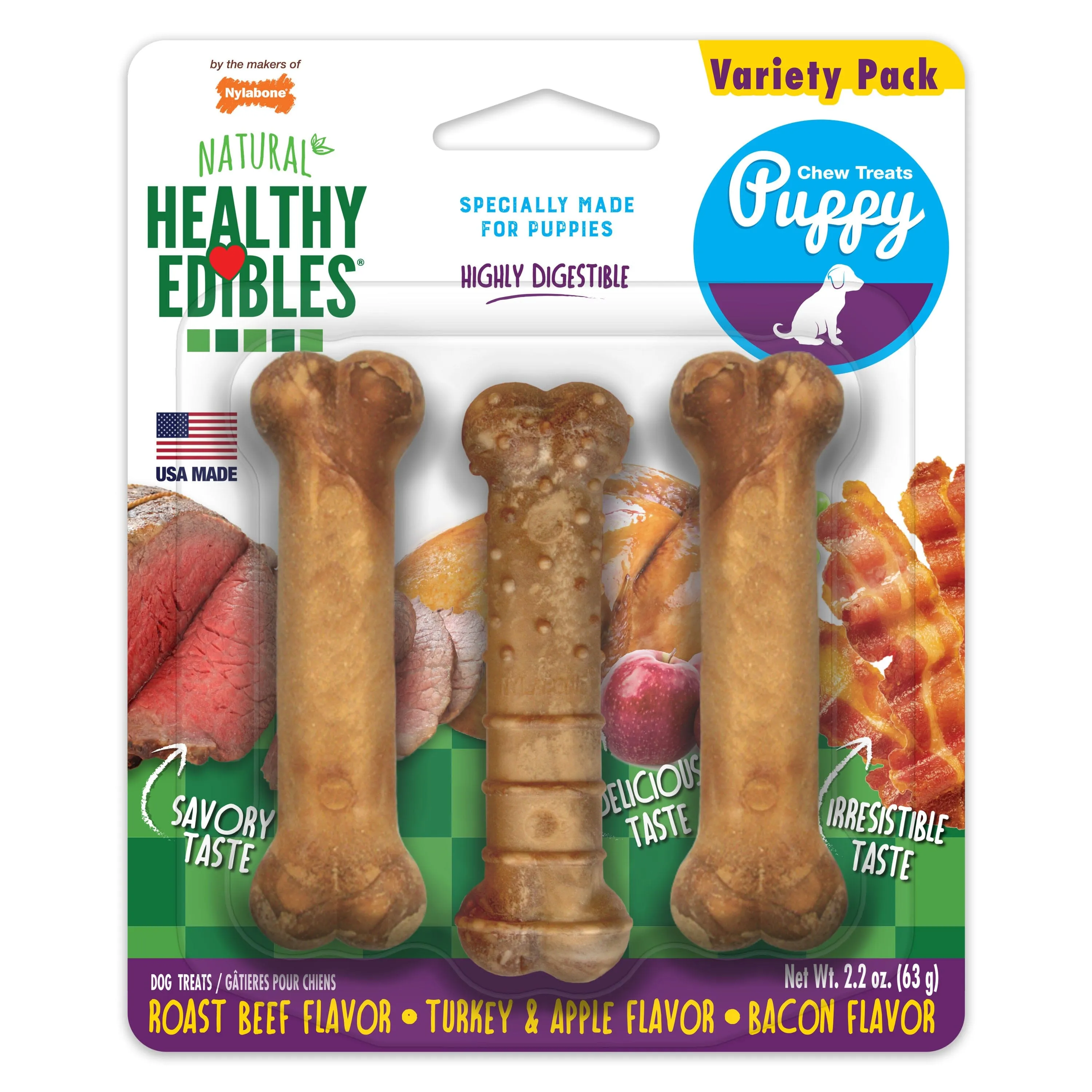 Nylabone Healthy Edibles Puppy Natural Long Lasting Dog Chew Treats Roast Beef, Turkey & Apple, & Bacon - Extra Small/Petite - 3 Count