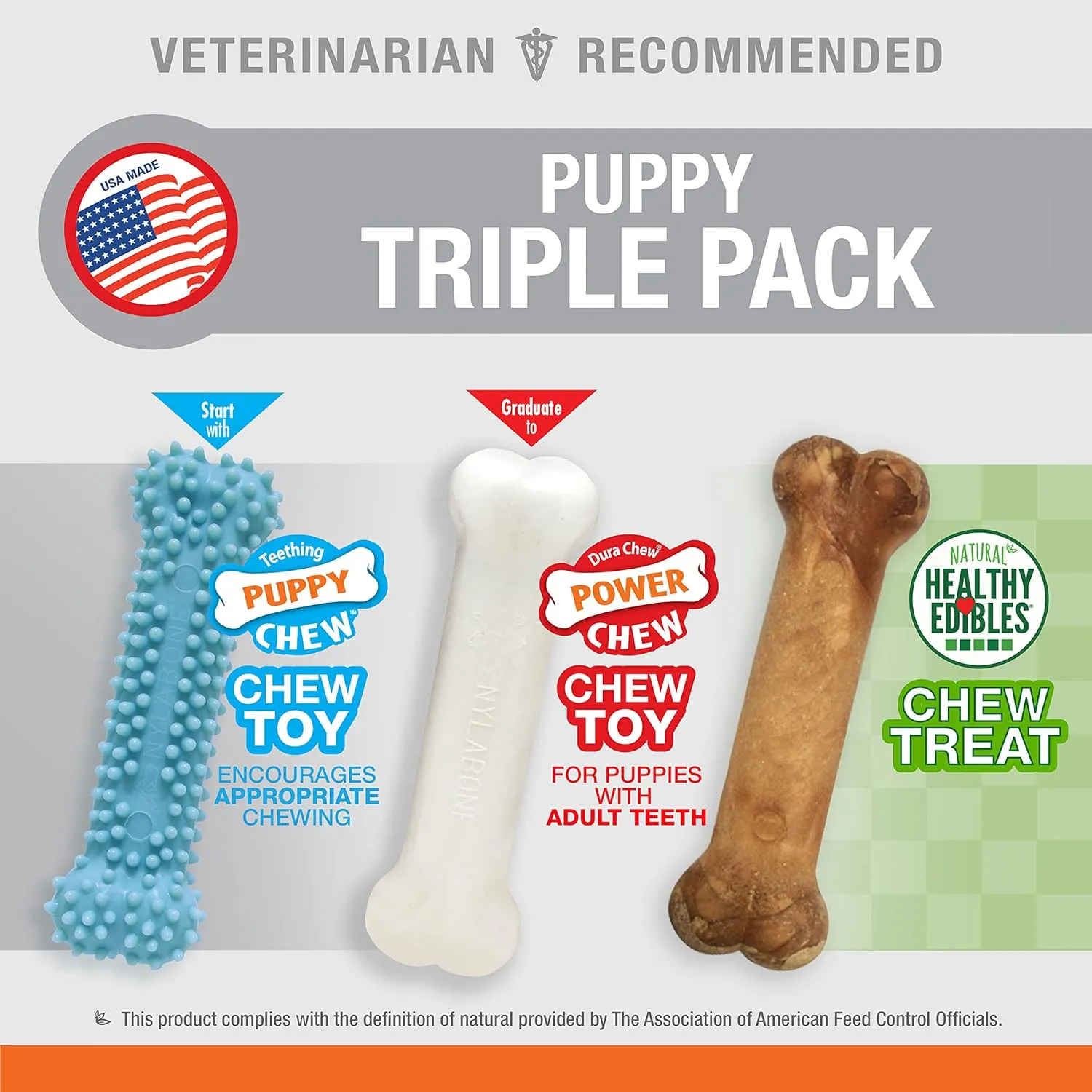 Nylabone Puppy Chew Toys & Natural Treat Triple Pack, Blue, Chicken & Bacon Flavor, Small - Up to 25 Ibs, 3 Pack