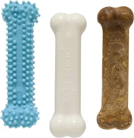 Nylabone Puppy Chew Toys & Natural Treat Triple Pack, Blue, Chicken & Bacon Flavor, Small - Up to 25 Ibs, 3 Pack