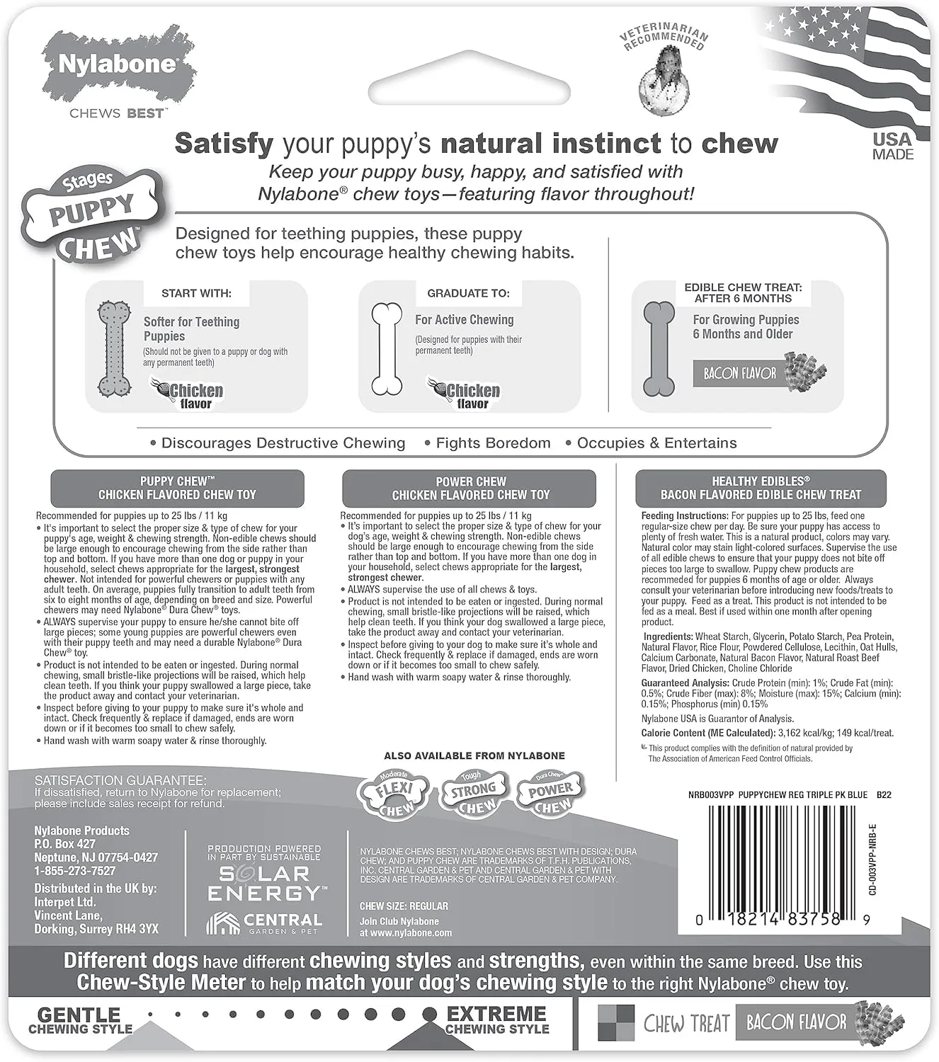 Nylabone Puppy Chew Toys & Natural Treat Triple Pack, Blue, Chicken & Bacon Flavor, Small - Up to 25 Ibs, 3 Pack