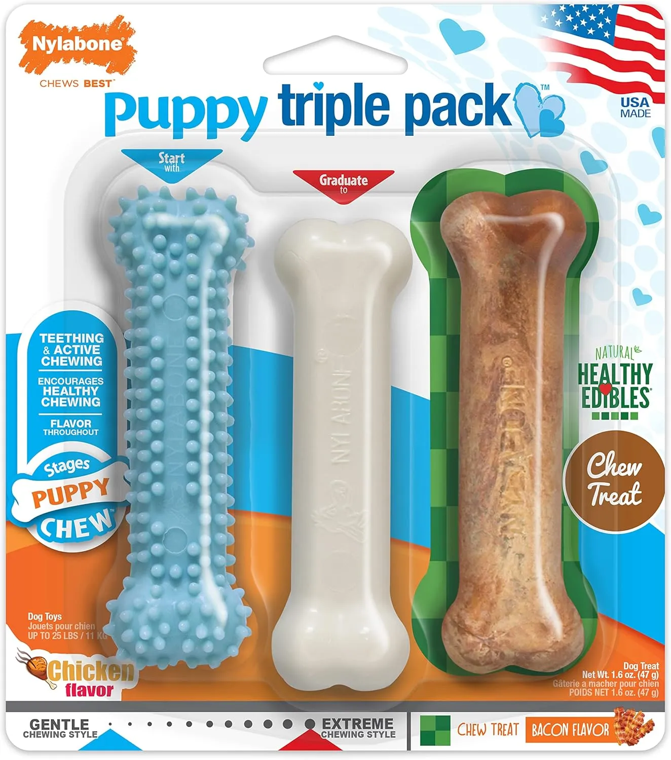 Nylabone Puppy Chew Toys & Natural Treat Triple Pack, Blue, Chicken & Bacon Flavor, Small - Up to 25 Ibs, 3 Pack