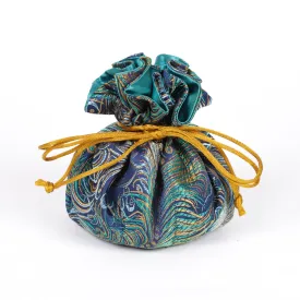 Peacock Feather Brocade Jewelry Pouch Navy and Gold