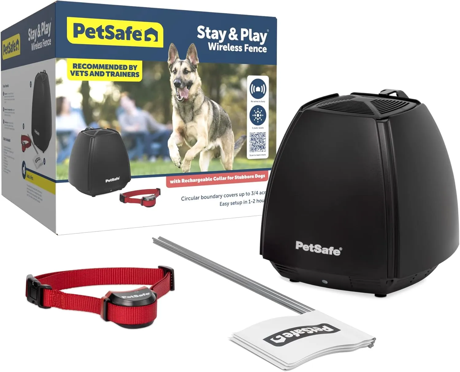 PetSafe Stay & Play Wireless Pet Fence for Stubborn Dogs - No Dig, Circular Boundary, Secure 3/4-Acre Yard, for Dogs 5lbs , America's Safest Wireless Pet Containment System, Electric Fence