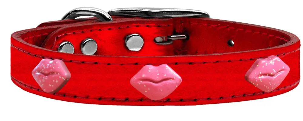 Pink Glitter Lips Widget Genuine Metallic Leather Dog Collar Red 18