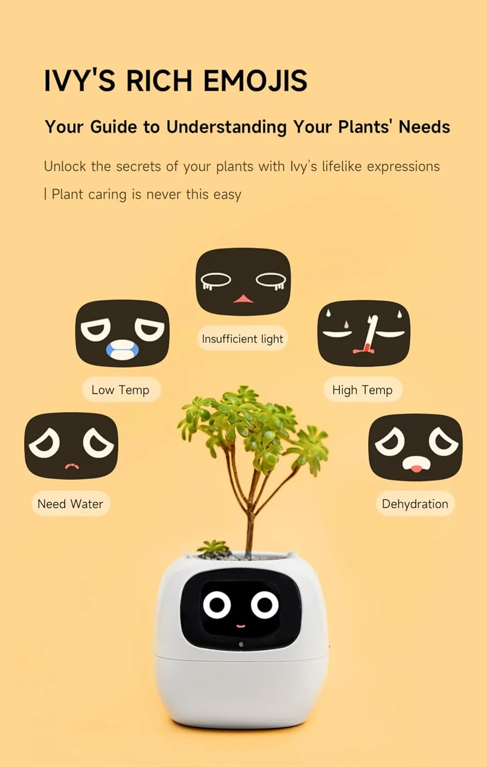 Plantagotchi AI Plant Pot with Expression - Smart Planter Robot Guidance on Plant Companion with Rich Gesture Interaction, Desk Setup Gift (Yellow)