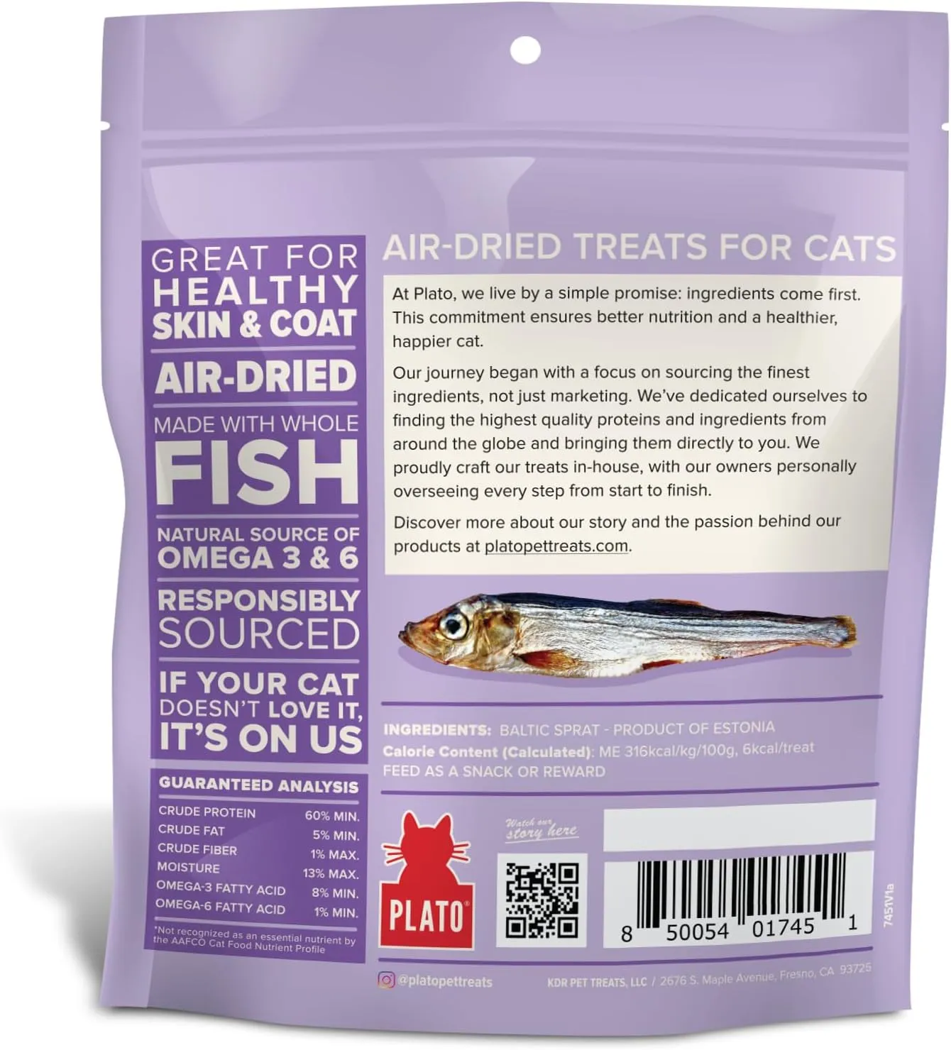 PLATO Pet Treats Cat Treats - Single Ingredient, Healthy Treats for Indoor Cats - Wild Caught Baltic Sprat - Air Dried Fish for Cats - 1.5 oz