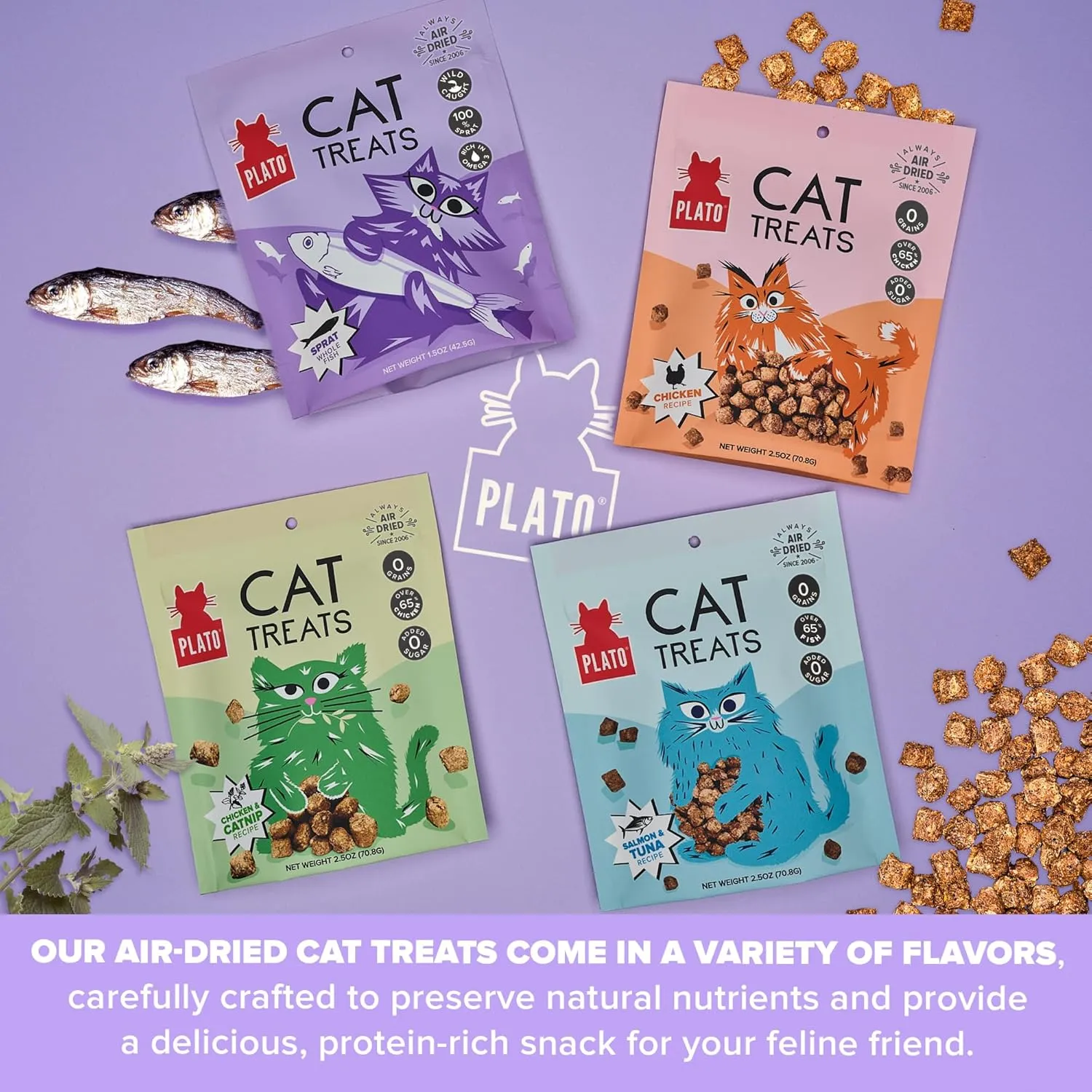 PLATO Pet Treats Cat Treats - Single Ingredient, Healthy Treats for Indoor Cats - Wild Caught Baltic Sprat - Air Dried Fish for Cats - 1.5 oz
