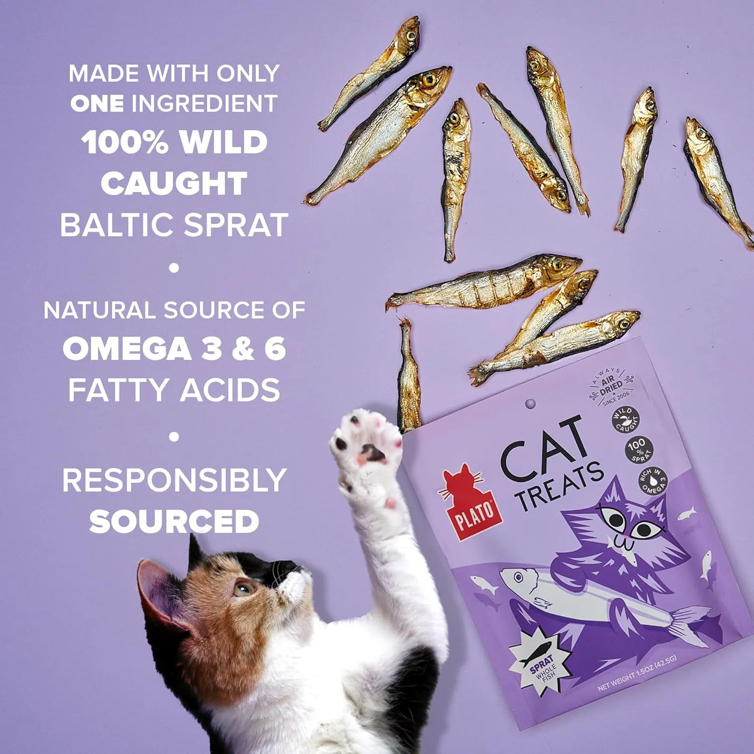 PLATO Pet Treats Cat Treats - Single Ingredient, Healthy Treats for Indoor Cats - Wild Caught Baltic Sprat - Air Dried Fish for Cats - 1.5 oz