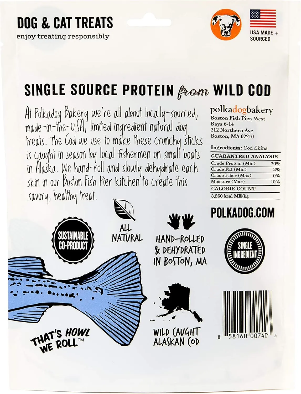 Polkadog Cod Skins Dog Treat - Lean Protein, Made in USA, Single-Ingredient, Grain & Gluten Free, for All Breeds - Crunchy Fish Skin Treat for Teeth Health, 2oz Shortie