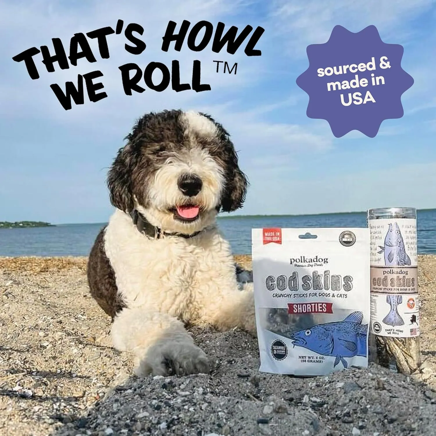 Polkadog Cod Skins Dog Treat - Lean Protein, Made in USA, Single-Ingredient, Grain & Gluten Free, for All Breeds - Crunchy Fish Skin Treat for Teeth Health, 2oz Shortie