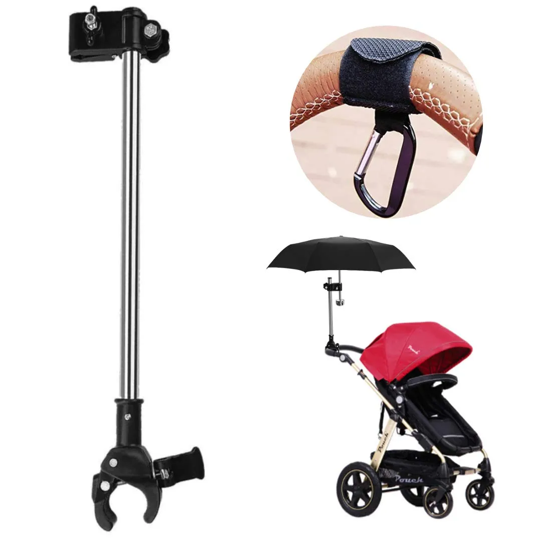 SILLY MONKEY Improved Design Umbrella Holder and Bonus Stroller Hook - Adjustable Parasol Clamp Mount for Stroller, Wheelchair, Rollator, Bike, Pram Sunshade - Complete with Non-Slip Multipurpose Clip