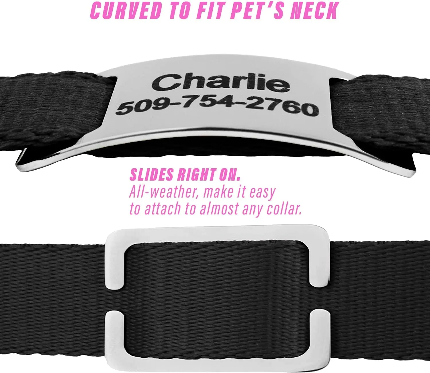 Slide-On Pet ID Tags - S/M/L/XL Personalized Dog and Cat Tags, Silent, No Noise Made of Stainless Steel, Large-fits 1 inch Collars, Custom Engraved Dog Name Tags