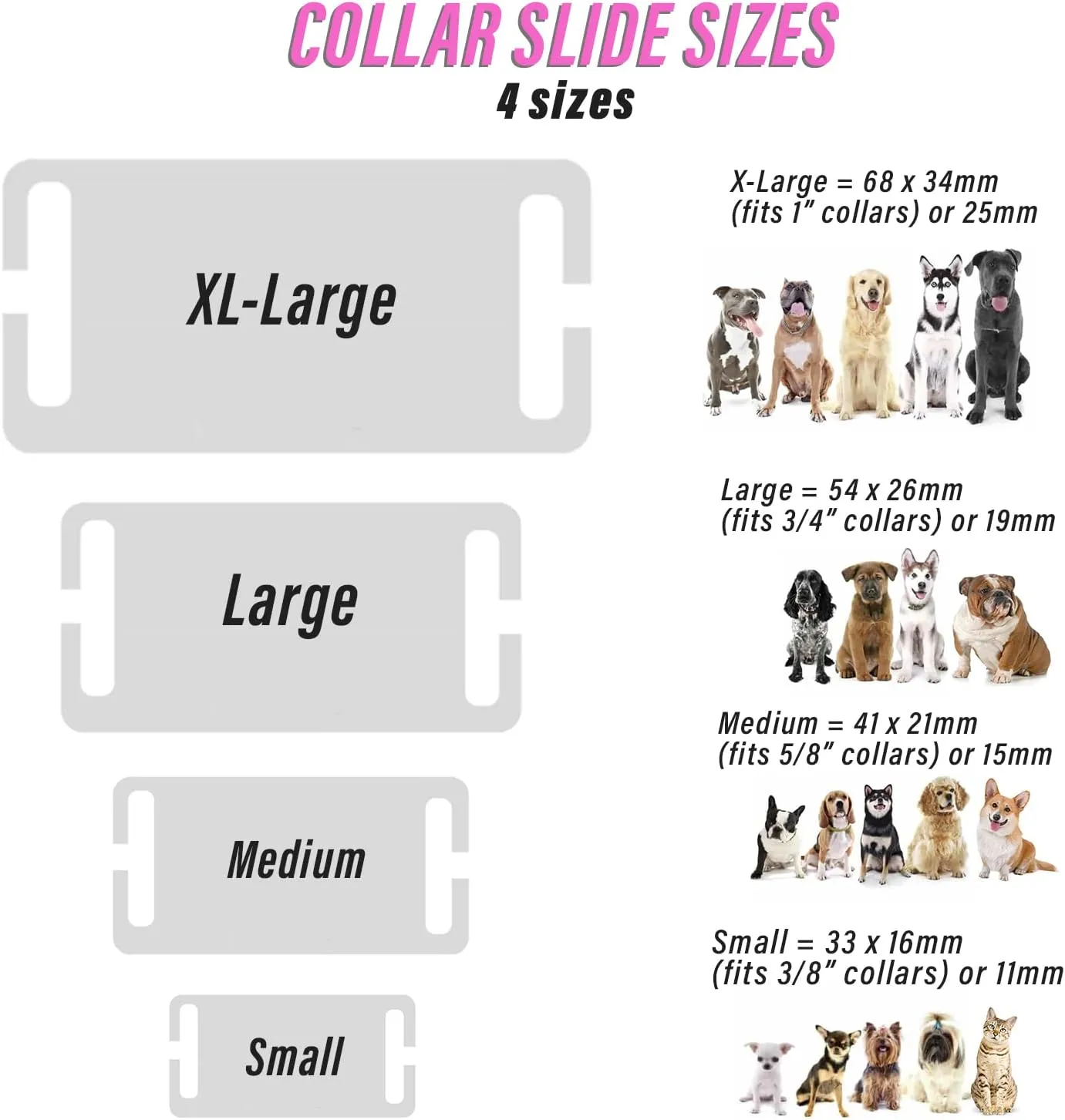 Slide-On Pet ID Tags - S/M/L/XL Personalized Dog and Cat Tags, Silent, No Noise Made of Stainless Steel, Large-fits 1 inch Collars, Custom Engraved Dog Name Tags