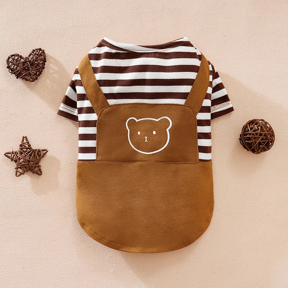 Small Dog Overalls for Summer | Super Cute Bear-Themed Clothes | Ideal for Pomeranian, Teddy, & Cats | Novelty Striped Pet Apparel for Spring & Autumn