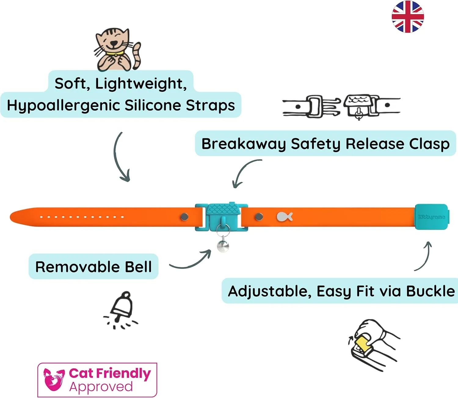 Tangerine Cat Collar with Bell. Cat Friendly Award Winner. Approved by Vets and Cat Experts. Breakaway Cat Collars Quick Release. Kitten Collar. Won't Rub Fur. Lightweight, Soft & Comfy