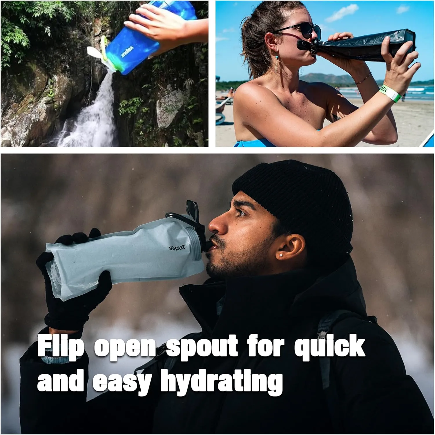 Vapur Flexible, Collapsible Wide Mouth Anti-Bottle with Detachable Carabiner, 34 Ounce, Malibu Teal, Pack of 1