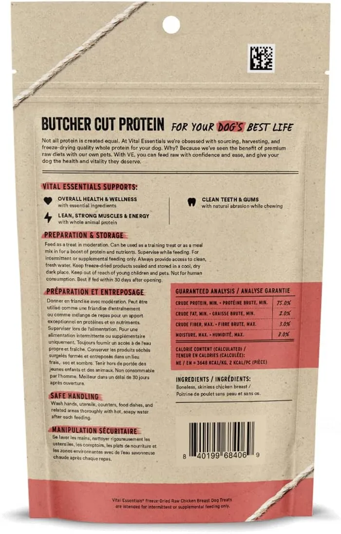 Vital Essentials Chicken Breast Dog Treats, 2.1 oz | Freeze-Dried Raw | Single Ingredient |Premium Quality High Protein Training Treats | Grain Free, Gluten Free, Filler Free