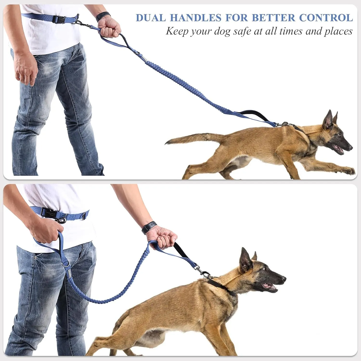 VIVAGLORY Hands Free Dog Leash - Shock-Absorbing Bungee Waist Leash with Reflective Adjustable Handle for Medium & Large Dogs - Navy Blue-Black