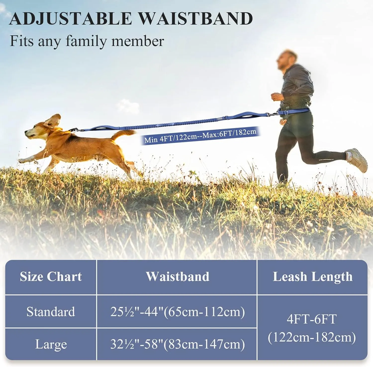 VIVAGLORY Hands Free Dog Leash - Shock-Absorbing Bungee Waist Leash with Reflective Adjustable Handle for Medium & Large Dogs - Navy Blue-Black