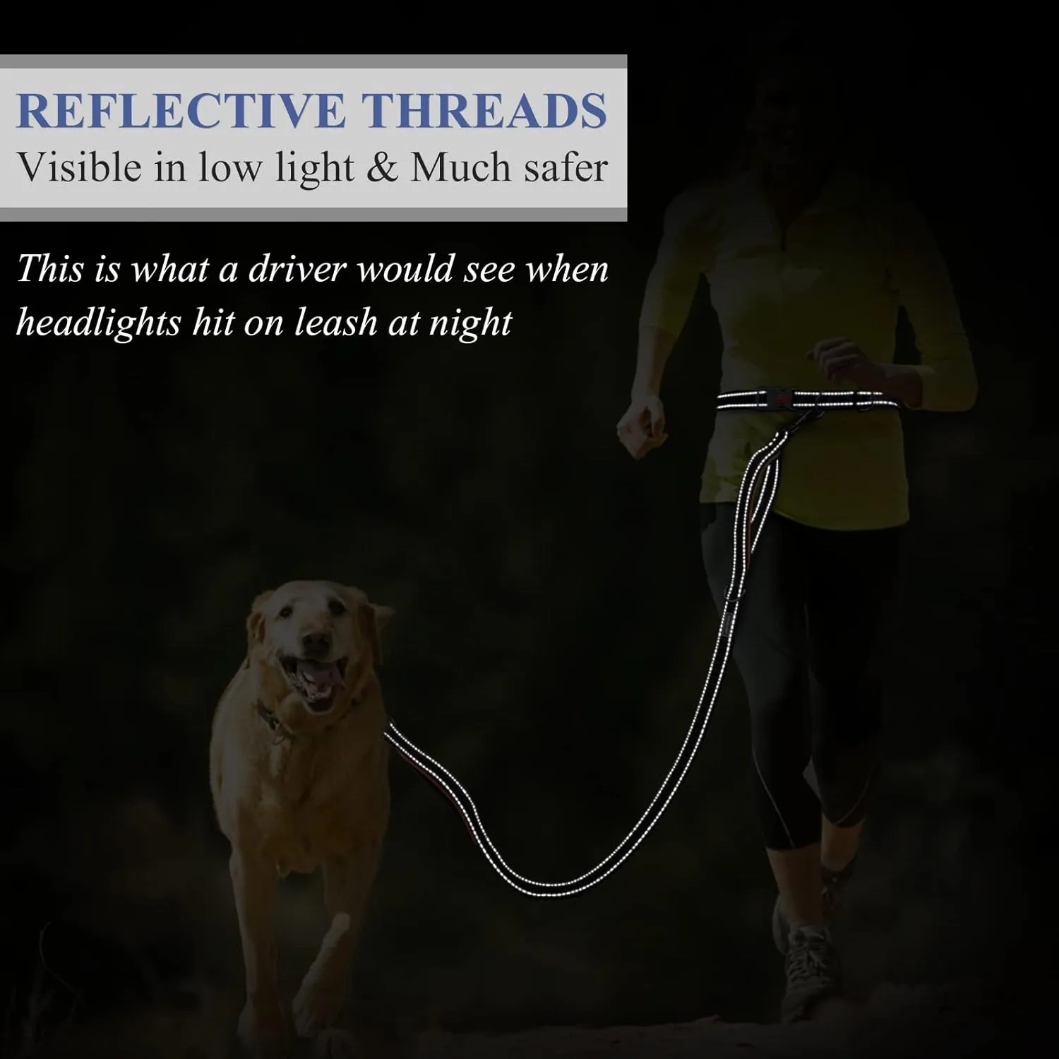 VIVAGLORY Hands Free Dog Leash - Shock-Absorbing Bungee Waist Leash with Reflective Adjustable Handle for Medium & Large Dogs - Navy Blue-Black