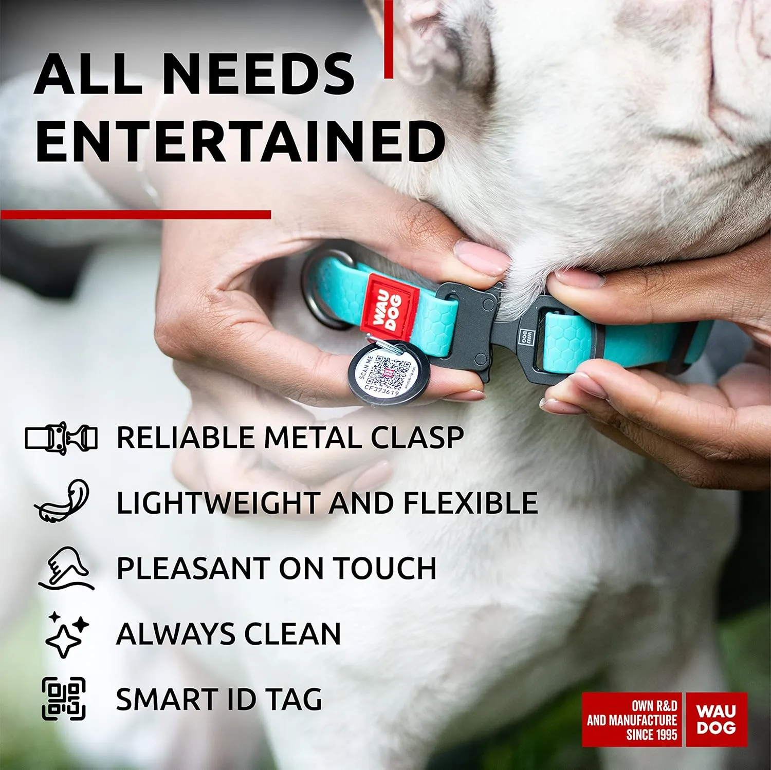 WAUDOG Waterproof Dog Collar - Adjustable Glow Dog Collar for Large Dogs, Small and Medium Dogs - Heavy Duty Dog Collars with Durable Metal Clasp and QR Dog Tag - Glow in The Dark Dog Collars