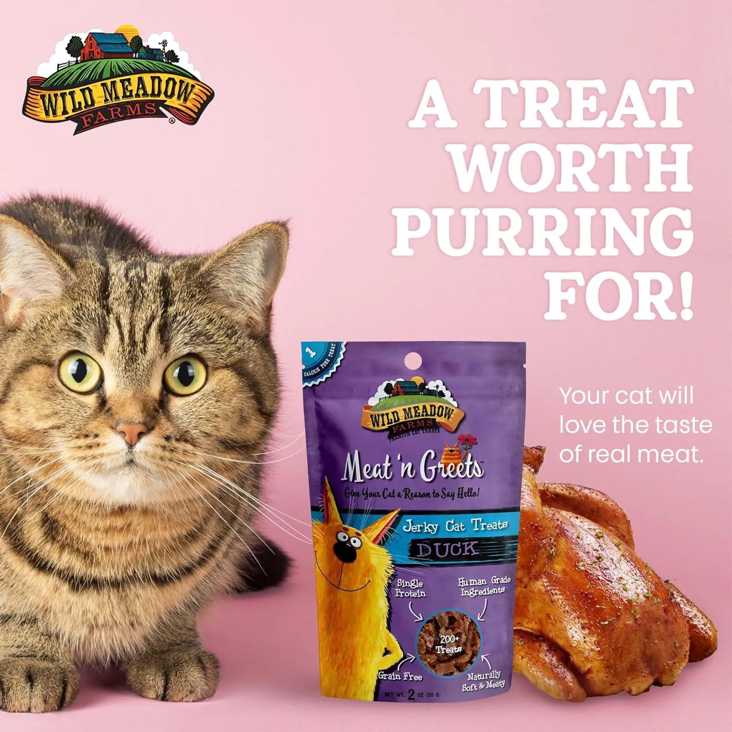 Wild Meadow Farms - Cat Treats - Meat 'N Greets - Soft Jerky Treats with Real Meat, High Protein, Grain-Free, Perfect for Training & Rewarding, All Natural Snacks for Cats - Duck Flavor