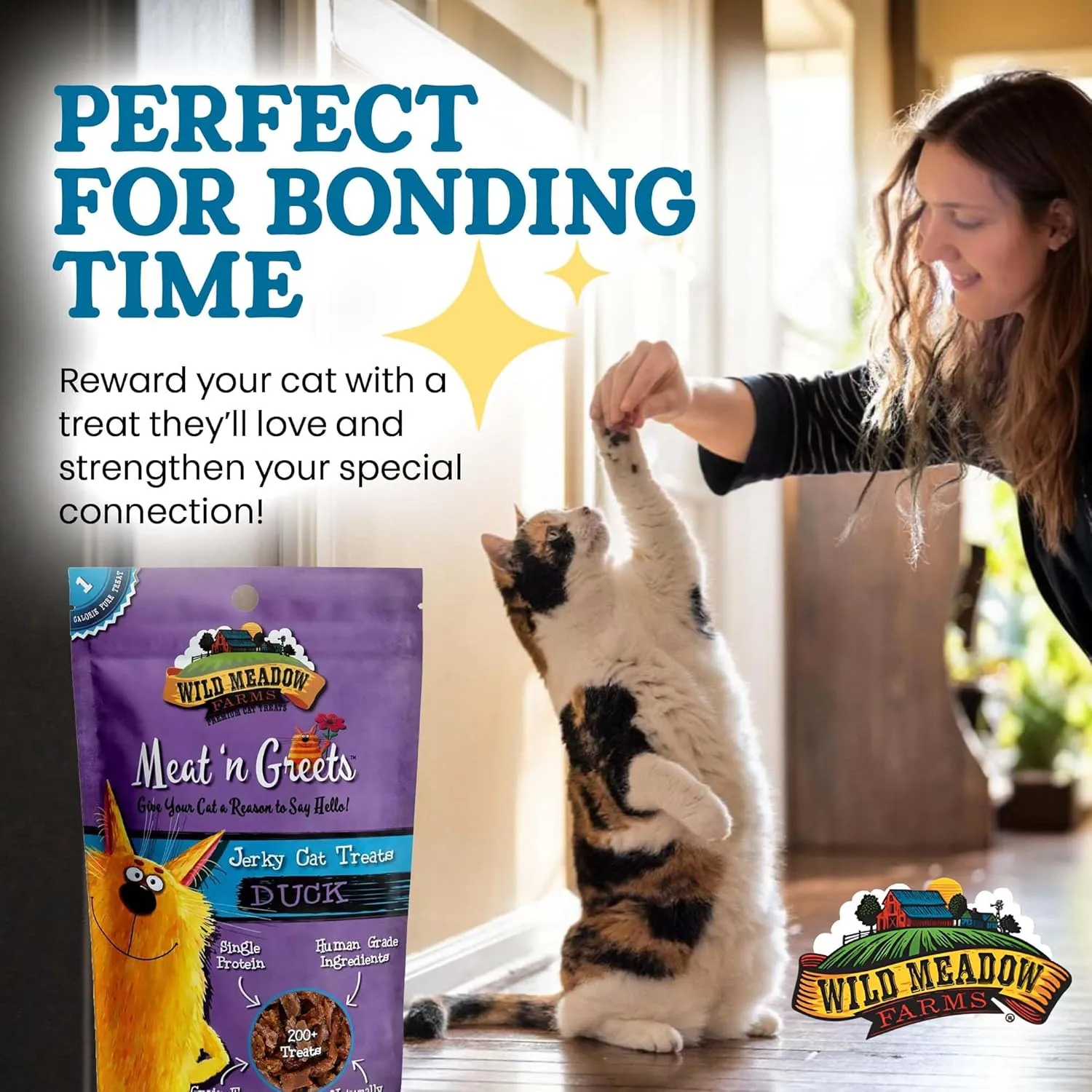 Wild Meadow Farms - Cat Treats - Meat 'N Greets - Soft Jerky Treats with Real Meat, High Protein, Grain-Free, Perfect for Training & Rewarding, All Natural Snacks for Cats - Duck Flavor